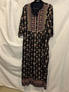 Indian Block Print black floral print Little House on the Prairie Festival dress
